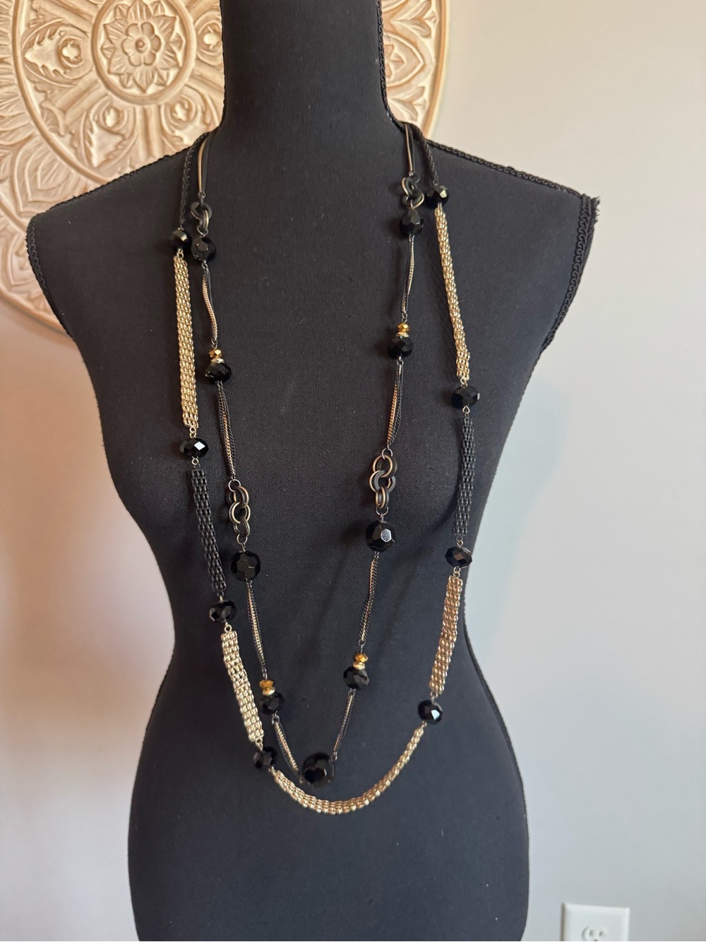 Long Black and Gold Bead Layered Necklace